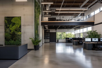 Fototapeta premium Modern office interior with greenery and open workspace in a spacious environment
