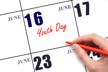 June 16. Hand writing text Youth Day on calendar date. Save the date.