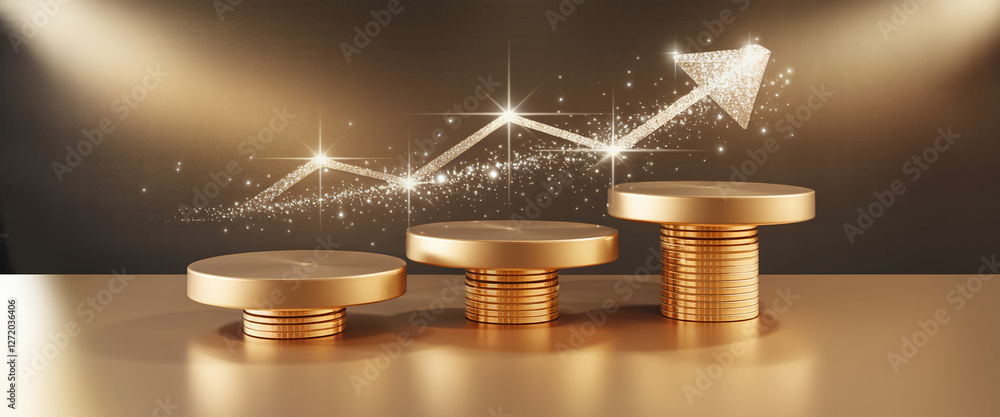 Poster three golden platforms arranged in a balanced composition with sparkling effects and an upward arrow