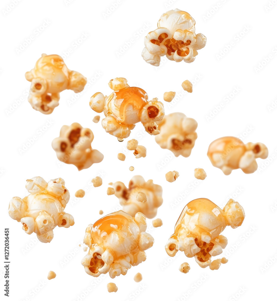 Poster png exploding honey popcorn floating isolated snack.