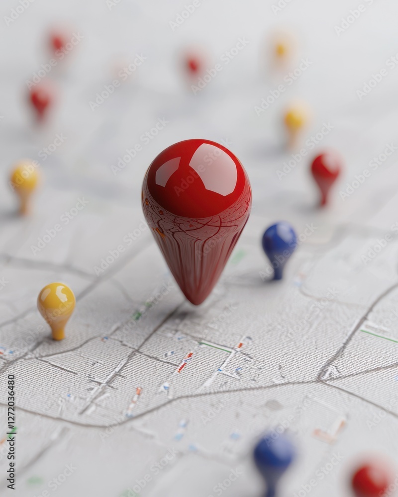 Aufkleber glossy red pin marker on a map surrounded by colorful location dots in a modern digital style enviro