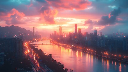 Fototapeta premium Luminous city skyline sunset mirage high resolution hd picture