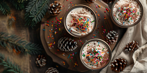 Festive Cups of Whipped Cream with Colorful Sprinkles Surrounded by Pine Cones and Greenery