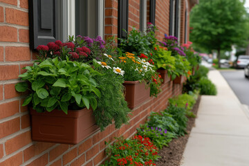 Naklejka premium Vibrant flower boxes adorn a brick building in a charming neighborhood setting