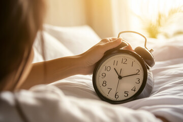 woman turning off alarm clock