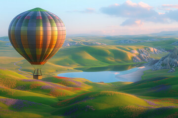 Obraz premium A beautiful, inspirational landscape with a colorful hot air balloon soaring high in the sky