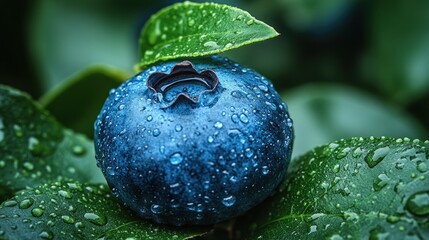 Fresh Blueberry on Plant with Dew Drops