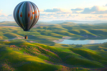 Fototapeta premium A beautiful, inspirational landscape with a colorful hot air balloon soaring high in the sky