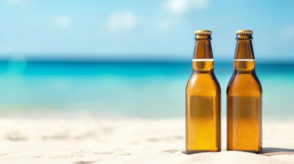 Obraz premium Two chilled beer bottles on sunny sandy beach with turquoise ocean in background