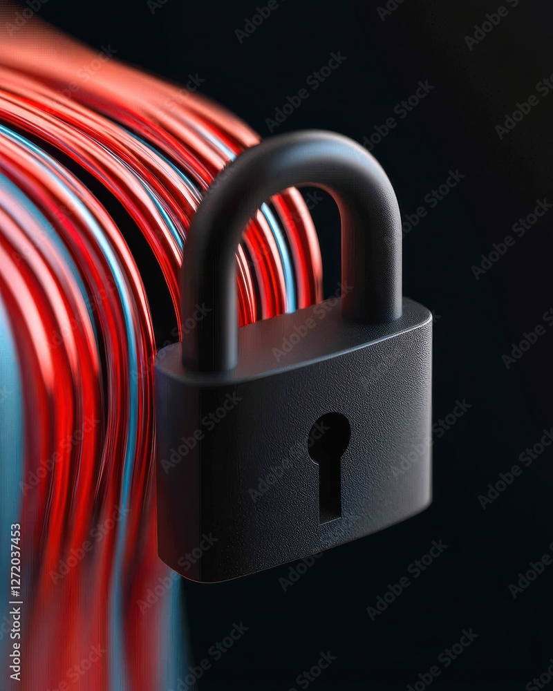 Poster close-up view of a black padlock hanging on colorful electrical wires representing security and data