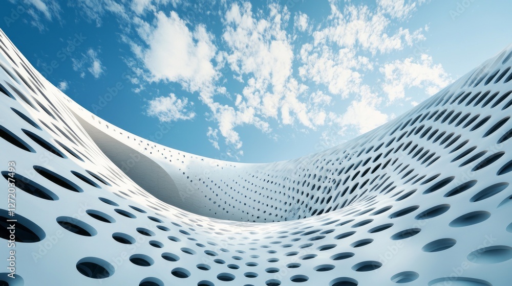 Poster curved lines of the building's white exterior blend harmoniously with the sky, showcasing intricate 