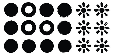 Vector black ink circles, hand-drawn textured punk shapes, artistic Chinese or Korean design elements, Japanese enso zen circles, and sun symbols.