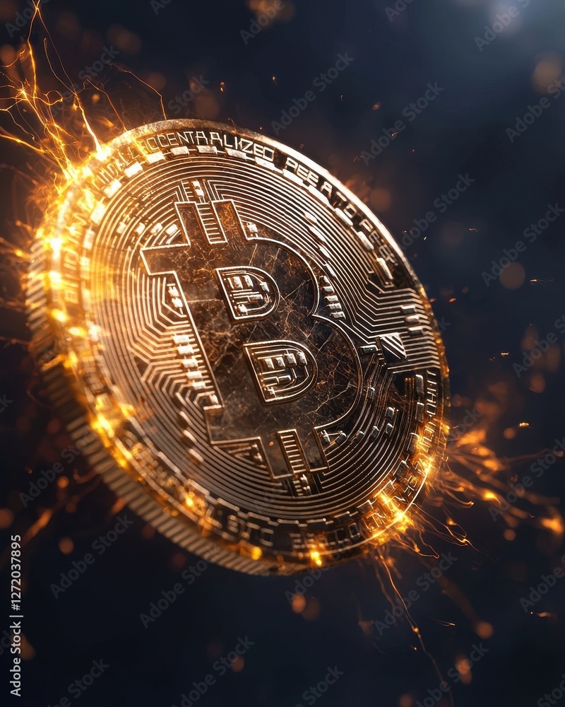 Poster sparkling bitcoin coin with glowing light effects on dark background illustrating digital currency c