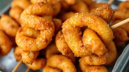 Closeup of crispy spiral fried potato on a wooden skewer, golden brown and delicious, unhealthy, indulgence