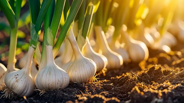 Garlic plants row growing in the dirt on agricultural field background. Garlic plantation. Vegetable garden. Fresh garlic bulbs, green leaves grow in soil. Sunset light. Organic vegetables farming