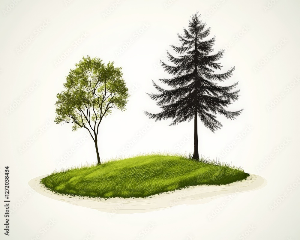 Poster artistic illustration of two contrasting trees on floating island representing duality of nature env