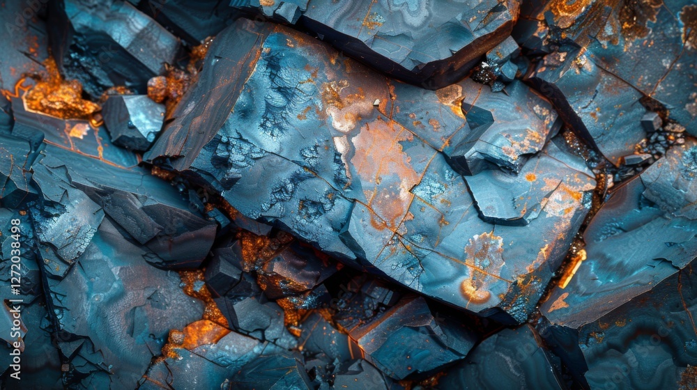 Poster vibrant blue and orange mineral patterns create a stunning visual in the rocky landscape, revealing 