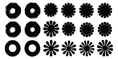 Vector black ink circles, hand-drawn textured punk shapes, artistic Chinese or Korean design elements, Japanese enso zen circles, and sun symbols.