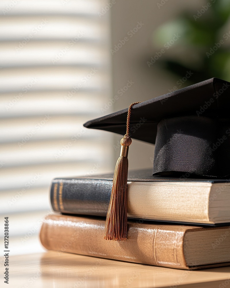 Aufkleber graduation cap on stack of books with soft natural light and blurred background in an academic setti