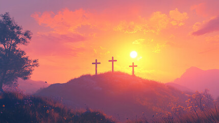 A radiant sunrise over a hill with three crosses, symbolizing Easter morning