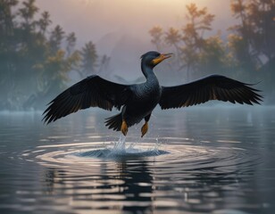 Cormorant gliding on the surface of the water, marine life, ocean
