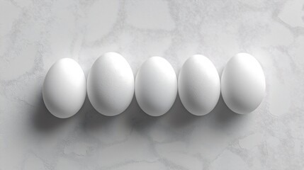 Five white eggs arranged neatly on a light-colored countertop showcasing a simple kitchen scene