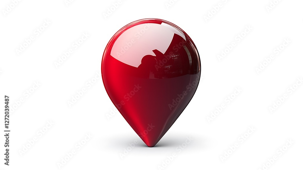 Poster 3d vector navigation pin icon with glossy finish, deep red hue, resting on a solid white background