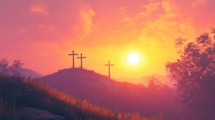 A radiant sunrise over a hill with three crosses, symbolizing Easter morning