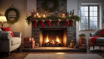 Cozy fireplace with Christmas stockings hung by chimney, filled with holly and mistletoe , stockings, holiday