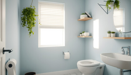 Toilet bowl, paper holder, houseplant and shelving units in restroom, Dreamy. with white shades