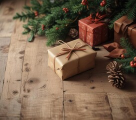 Cozy rustic Christmas scene featuring a wrapped gift on a wooden table with pine branches and autumnal decor, outdoorsy feel, festive background