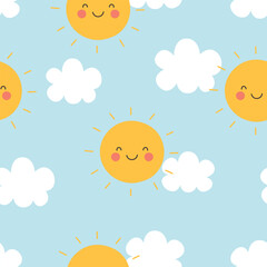 Seamless pattern with cute sun and clouds. Summer background. Vector illustration. It can be used for wallpapers, wrapping, cards, patterns for clothes and other.