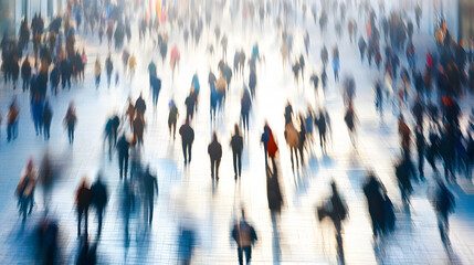 Blurry crowd of people walking in a city, captured with motion blur to create a sense of movement.