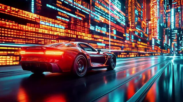Red hypercar at night with neon light trails and reflections. Futuristic sports vehicle in urban cyberpunk setting with glowing geometric grid patterns and motion blur on wet street