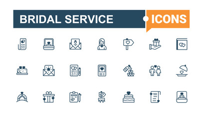 Bridal Service collection. Contains related to budget, party, formal, team, man, business, management, car. Minimalistic icon. Editable vector outline and solid icons.