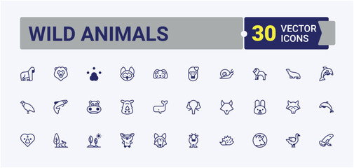 Wild Animals set of modern icons. Containing silhouette, life, monkey, nature, rhino, marine and more. Sign and Symbol. Editable vector outline and solid icons.
