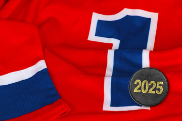 Hockey puck and red jersey
