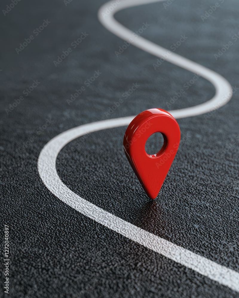 Poster red location pin on a winding path representing navigation and direction to reach a specific destina