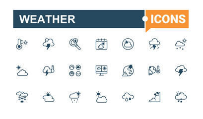 Weather icon collection. It contains symbols to web, sunny, simple, summer, app, sky, rainy, weather. Isolated icon. Editable vector outline and solid icons.