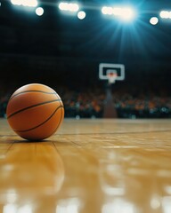 Close-Up of Basketball on Court with Bright Arena Lights in Background and Hoop in Focus