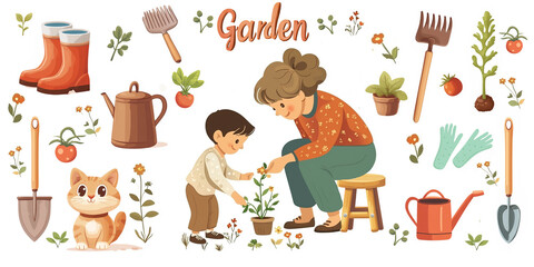 Gardening with Grandmother - Flat Style Illustration