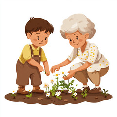 Grandmother and Grandson Planting Flowers - Flat Illustration