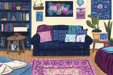 Boho-Style Living Room with Bookshelf and Cozy Decor
