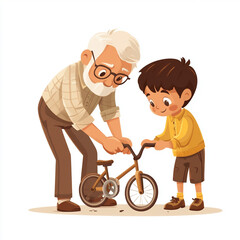 Grandfather and Grandson Repairing a Bicycle - Flat Style Illustration