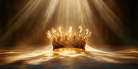 A brilliant golden crown emits warm light within an elegant vault. Ambient beams enhance the metallic shine, with treasure chests faintly visible in the background
