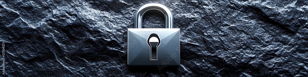 Poster a futuristic metallic lock icon with sharp edges, isolated on a textured dark gray surface