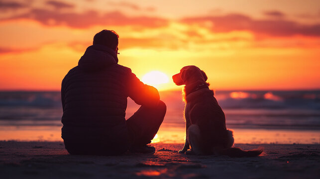 Canine Man dog sunset active sitting silhouettes. Vibrant Pet animal and human watching the sunset over the sea shore. Back view.	