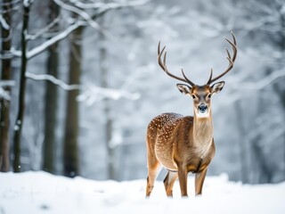 Fototapeta premium Deer in snowy forest with blurred background, trees, frozen, serene