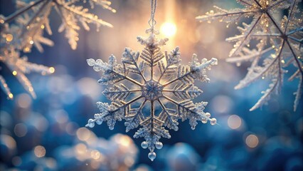Delicate snowflake suspended in mid-air, its intricate patterns and crystals glistening under soft natural light, symmetrical, frost, snowflake, fragile, delicate