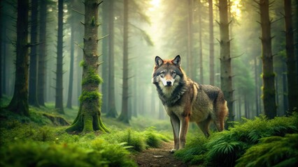 Dense forest with a lone wolf standing still amidst the underbrush, arboreal life, forest dwellers, animal habitats